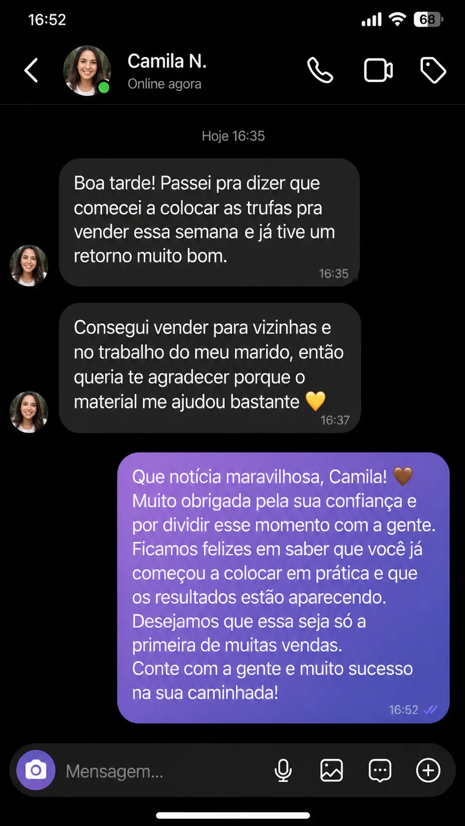 Feedback de Camila sobre vendas de trufas