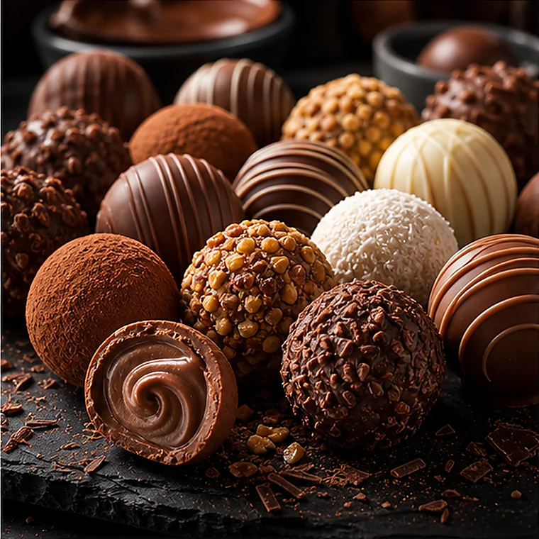 Coleção de trufas gourmet com coberturas variadas.