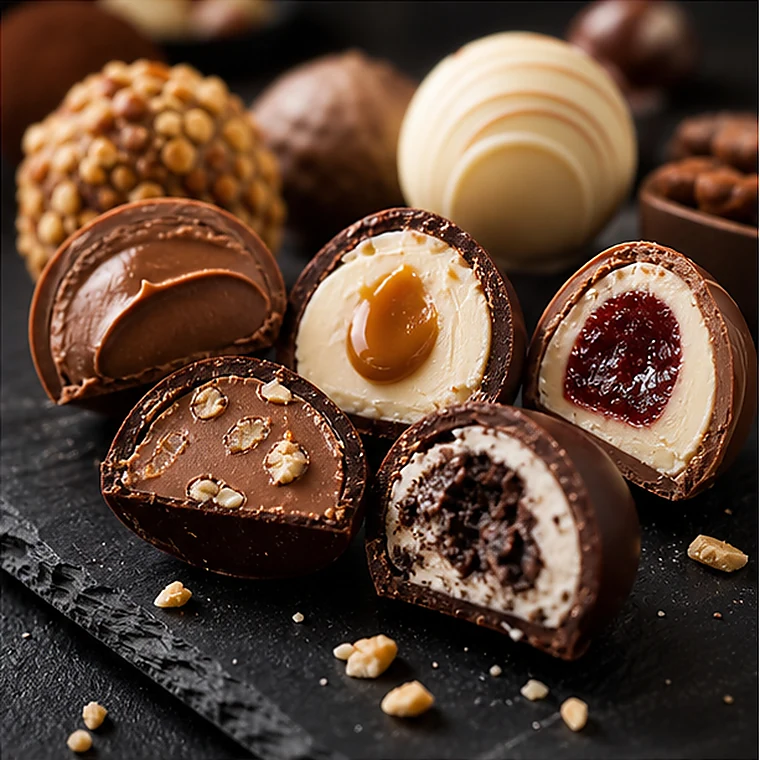 Trufas gourmet cortadas mostrando recheios variados.