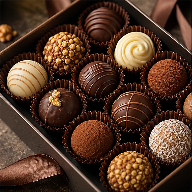 Caixa de trufas gourmet prontas para venda.