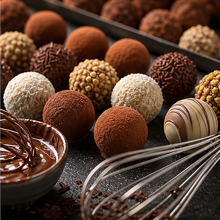 Trufas gourmet em preparo com chocolate derretido.